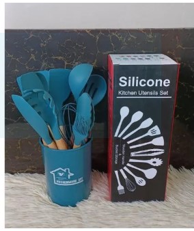 Silicone Kitchen Utensils Set with a Wooden Handle Includes 11 or 12 Pieces